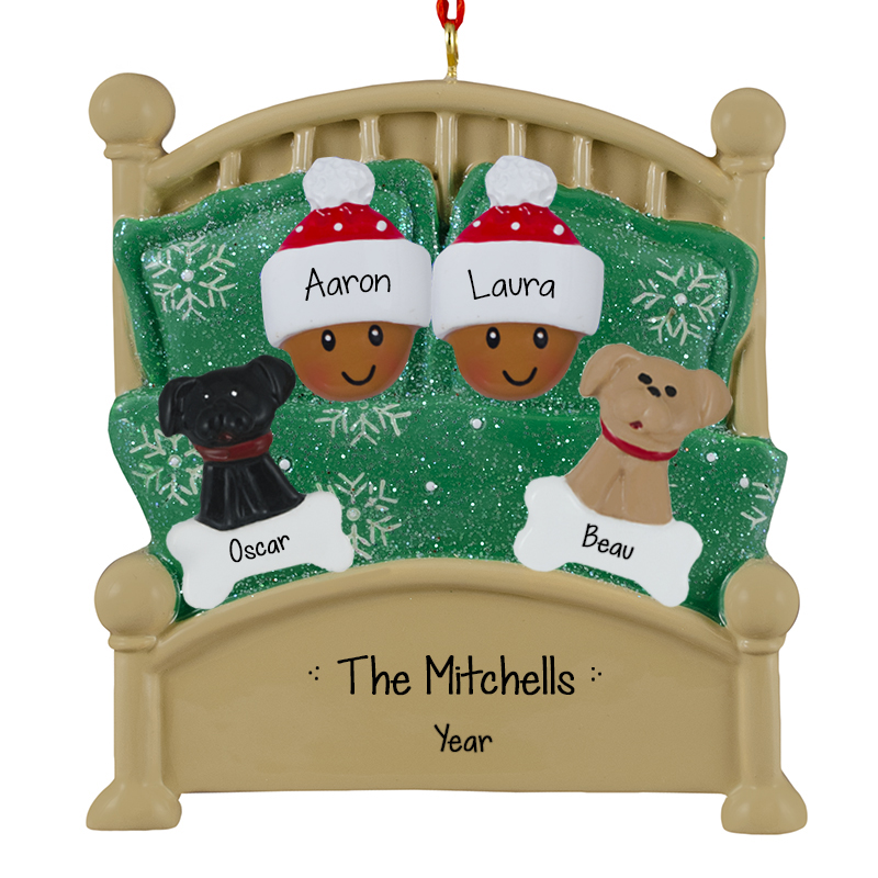 AFRICAN AMERICAN Couple Cuddled With 2 Dogs In Green Glittered Bed ...