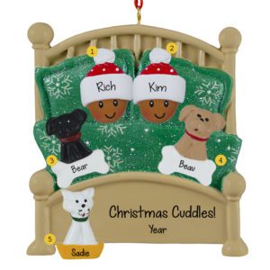 Image of AFRICAN AMERICAN Couple Cuddled With 3 Pets In Green Glittered Bed Ornament