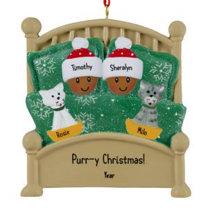 Image of AFRICAN AMERICAN Couple Cuddled With 2 Cats In Green Glittered Bed Ornament