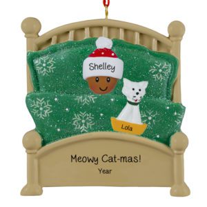 Image of AFRICAN AMERICAN Person And Cat In Green Glittered Bed Ornament
