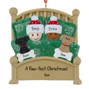 Image of Interracial Couple Cuddled With 2 Dogs In Green Glittered Bed Ornament