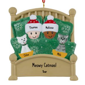 Image of Interracial Couple Cuddled With 2 Cats In Green Glittered Bed Ornament