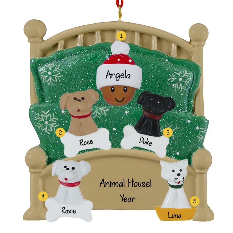 AFRICAN AMERICAN Person Cuddling With 4 Pets In Green Glittered Bed ...