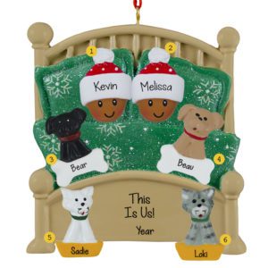 Image of AFRICAN AMERICAN Couple Cuddled With 4 Pets In Green Glittered Bed Ornament