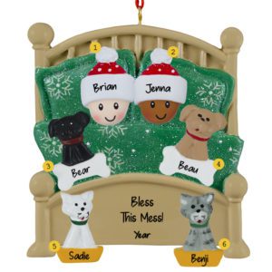 Image of Interracial Couple Cuddled With 4 Pets In Green Glittered Bed Ornament