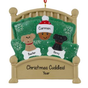 Image of AFRICAN AMERICAN Person With 2 Dogs In Green Glittered Bed Ornament