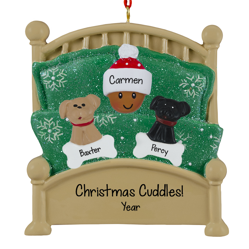 AFRICAN AMERICAN Person With 2 Dogs In Green Glittered Bed Ornament ...
