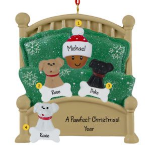 Image of AFRICAN AMERICAN Person With 3 Pets In Green Glittered Bed Ornament