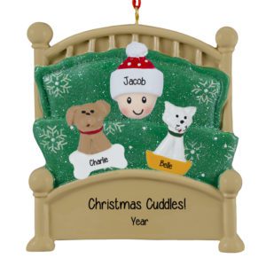 Image of Person With 2 Pets Snuggled Together In Green Glittered Bed Ornament