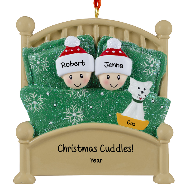 Personalized Couple With Pet In Glittered Green Bed Ornament ...