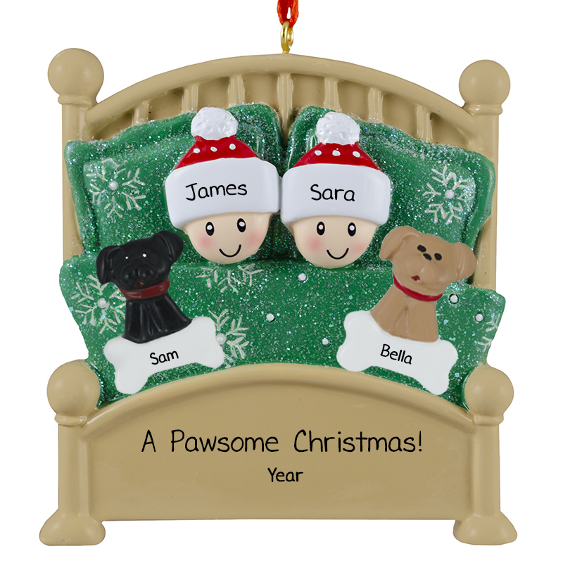 Personalized Couple With 2 Dogs In Glittered Green Bed Ornament ...