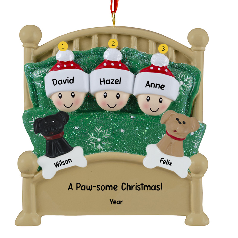 Family Of 3 Cuddling With 2 Pets In Glittered Green Bed Ornament ...
