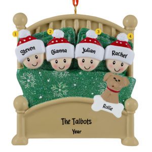 Image of Personalized Cuddling Family Of 4 With Pet In Glittered Green Bed Ornament