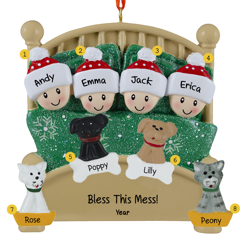 Personalized Cuddling Family Of 4 With 4 Pets In Glittered Green Bed ...