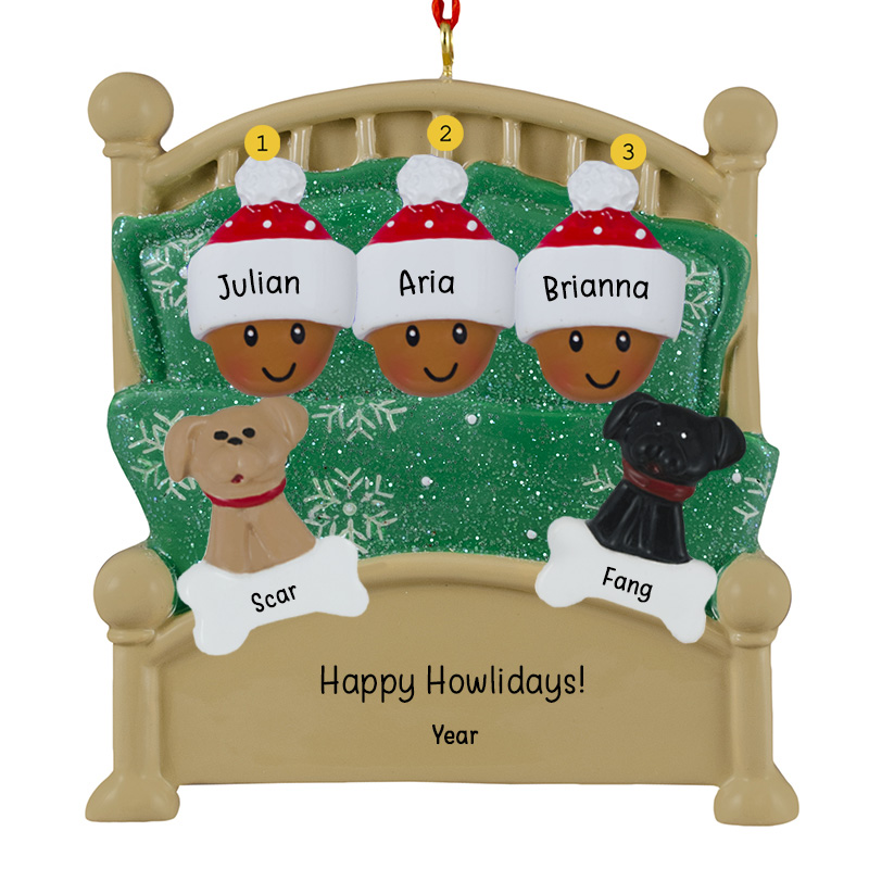 AFRICAN AMERICAN Family Of 3 And 2 Pets In Green Glittered Bed Ornament ...