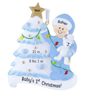 Image of Baby BOY's 1st Christmas Glittered Tree With Birth Stats Ornament BLUE