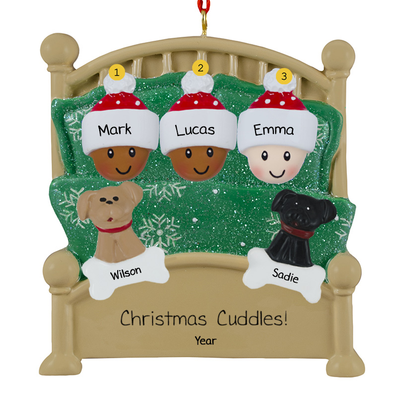 Interracial Family Of 3 And 2 Pets In Green Glittered Bed Ornament ...