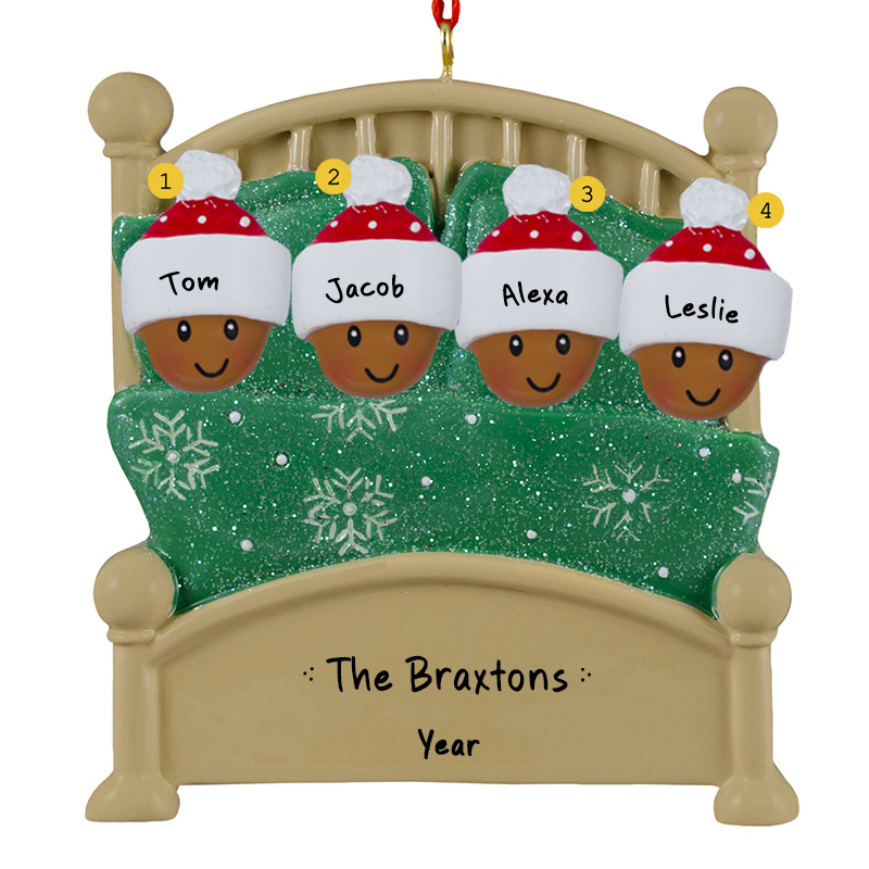 Personalized AFRICAN AMERICAN Family Of 4 In Green Glittered Bed ...