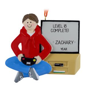 Image of MALE Gaming On Console Birthday Celebration Ornament RED Sweatshirt BROWN Hair