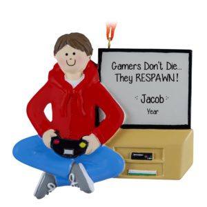 Image of Personalized MALE Playing Video Games Ornament RED Sweatshirt BROWN Hair