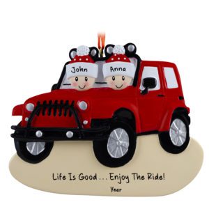 Image of Personalized Couple In RED Jeep Driving In Dirt Ornament