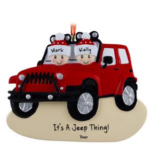 Image of Personalized Happy Couple Driving Their RED Jeep Ornament