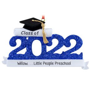 Image of BLUE Class Of 2022 Preschool Grad Glittered Numbers Ornament