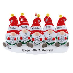 Image of Five Festive Gnomes Wearing Red Caps Personalized Ornament
