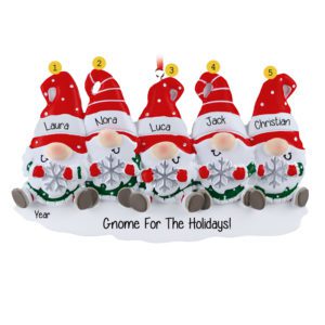Image of Family Of 5 Festive Gnomes Holding Snowflakes Ornament