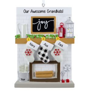 Image of Three Grandkids Festive Mantle With Stockings Personalized Ornament