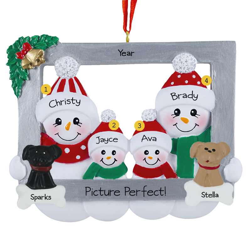 Picture Perfect Snowman Family Of Four In Frame With 2 Pets Ornament ...