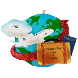 Image of Personalized Graduation Trip Airplane And Globe Glittered Ornament