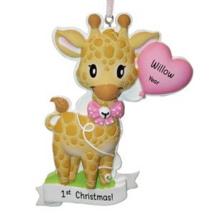 Image of Personalized Baby GIRL'S 1st Christmas Giraffe And Heart Ornament PINK