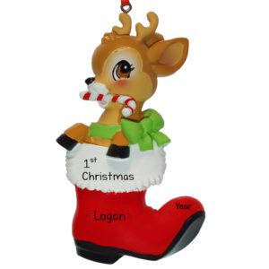 Image of Personalized Baby Deer In RED Boot 1st Christmas Ornament