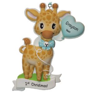 Image of Personalized Baby BOY'S 1st Christmas Giraffe And Heart Ornament BLUE