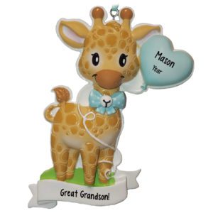 Image of Personalized Great Grandson Giraffe And Heart Ornament BLUE