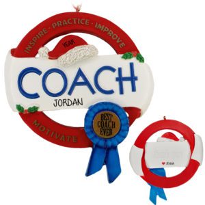 Image of Personalized Coach With Santa Hat And Blue Ribbon 2-Sided Ornament