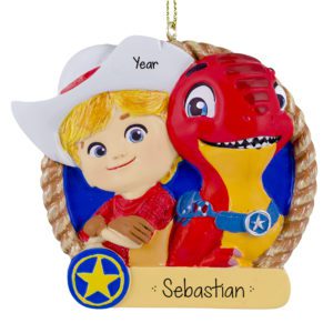 Image of Personalized Dino Ranch Jon And Blitz Ornament RED