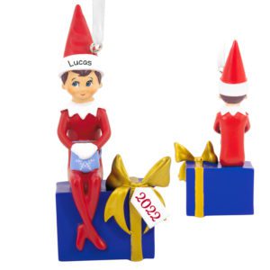 Image of Personalized 2022 Elf On The Shelf Sitting On Present Ornament