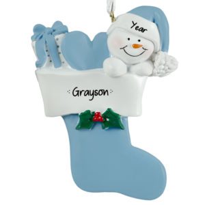 Image of Personalized Little BOY Snowman In Stocking Ornament BLUE
