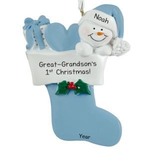 Image of Great-Grandson's 1st Christmas Snowman In Stocking Ornament BLUE