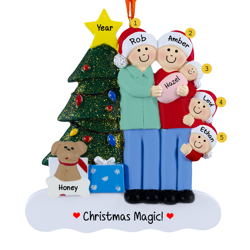 Personalized Family Of 5 With Baby GIRL With Pet Glittered Tree ...