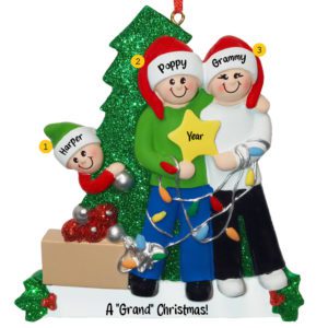 Image of Grandparents And 1 Grandchild Decorating Tree Personalized Ornament