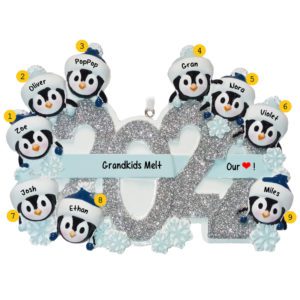 Image of Personalized Grandparents With 7 Grandkids Penguins Glittered 2022 Ornament