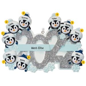 Image of Personalized Work Team Of Nine Penguins Glittered 2022 Ornament