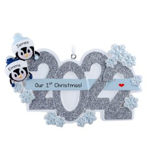 Image of Personalized Penguin Couple 1st Christmas Glittered 2022 Ornament