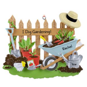 Image of Personalized I Dig Gardening Fence And Wheelbarrow Ornament