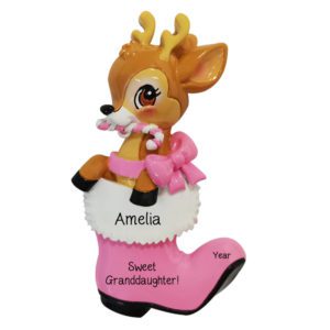 Image of Personalized Sweet Granddaughter Reindeer In PINK Boot Ornament