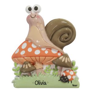 Image of Personalized Snail Sitting On Mushroom With Ladybug Ornament