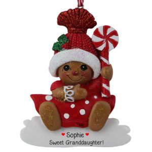 Image of Personalized Gingerbread GRANDDAUGHTER Holding Peppermint Stick Glittered Ornament